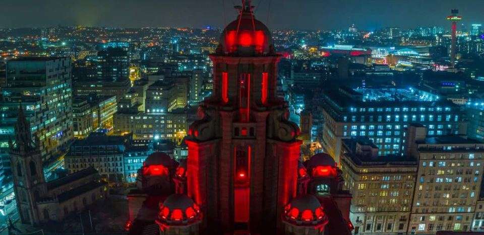 Royal Liver Building, Liverpool, lit red at night